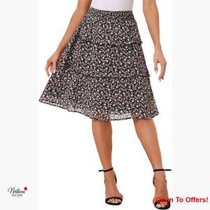 Floral Print Skirt Smocked Elastic Waist Tiered Ruffle Midi
